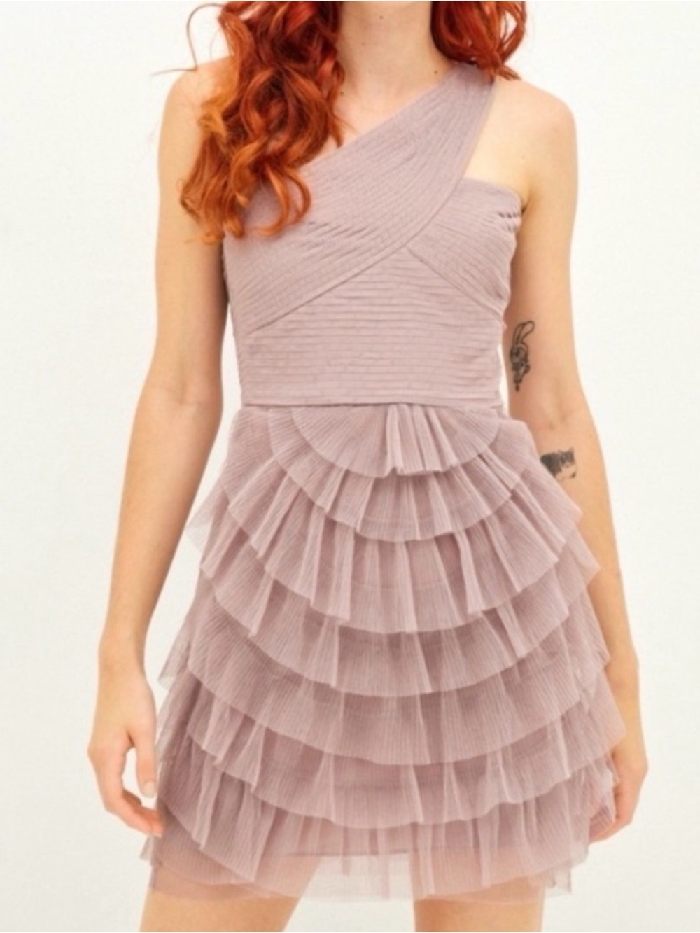 BCBG One-Shoulder Tiered Tulle Dress in Mauve